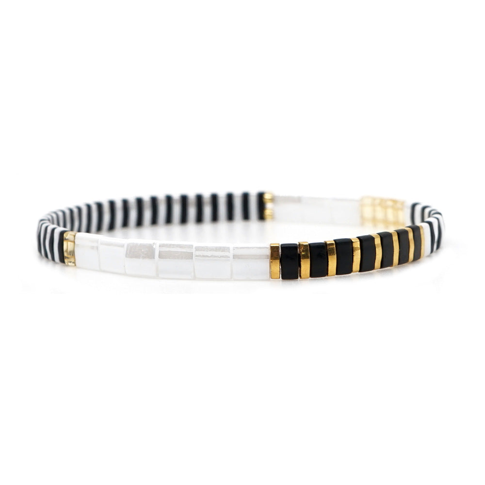 Bohemian ethnic style retro glass Tila bead woven black and white striped rainbow beaded bracelet for women