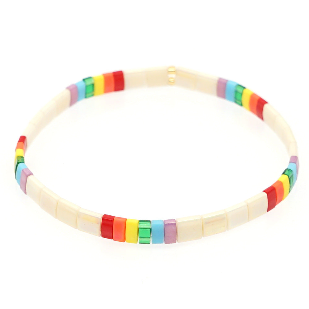 Simple bohemian ethnic style rainbow Tila glass beads woven stripe beads women's summer bracelet