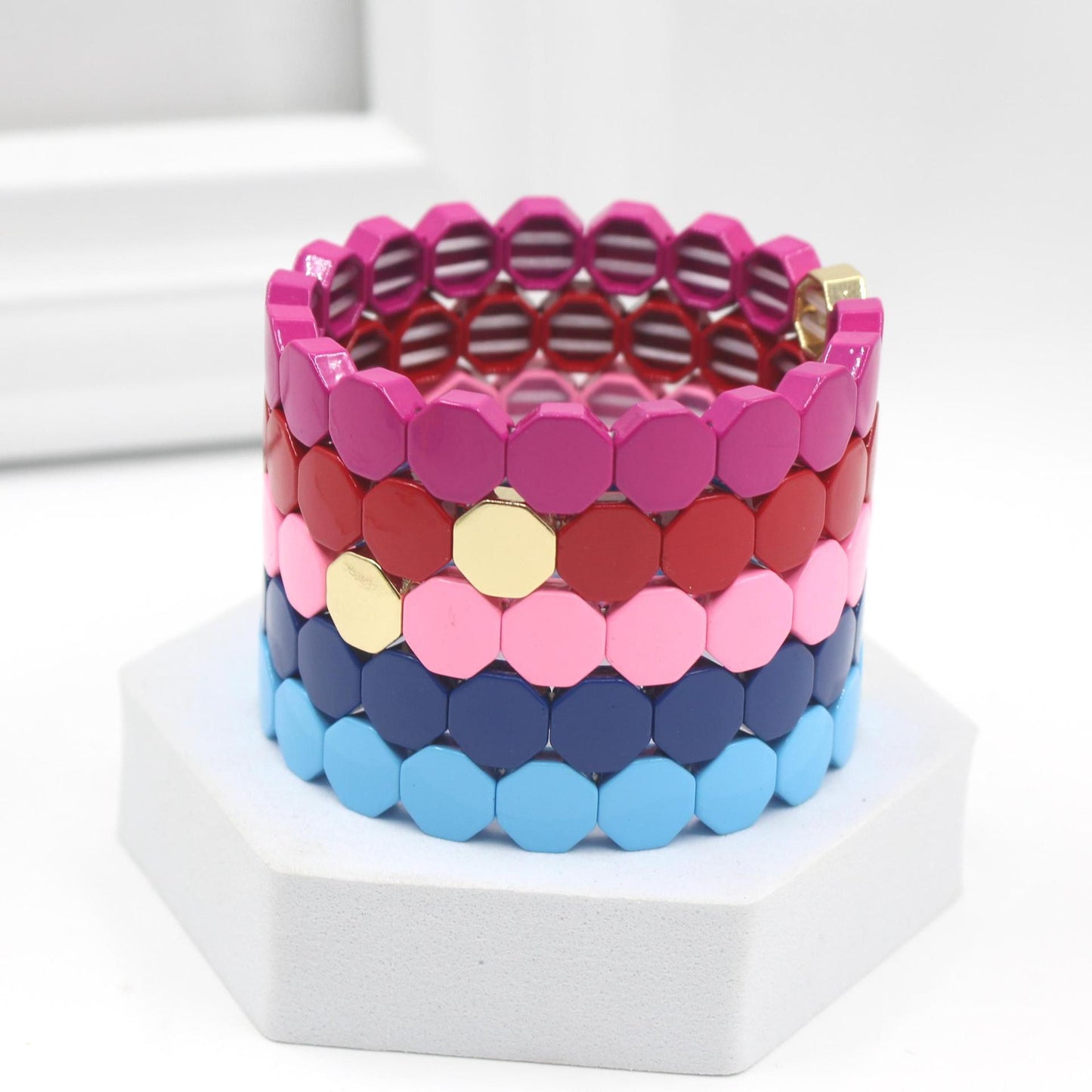 Cojoy fashion metal enamel bracelet geometric hexagonal cellular elastic bracelet