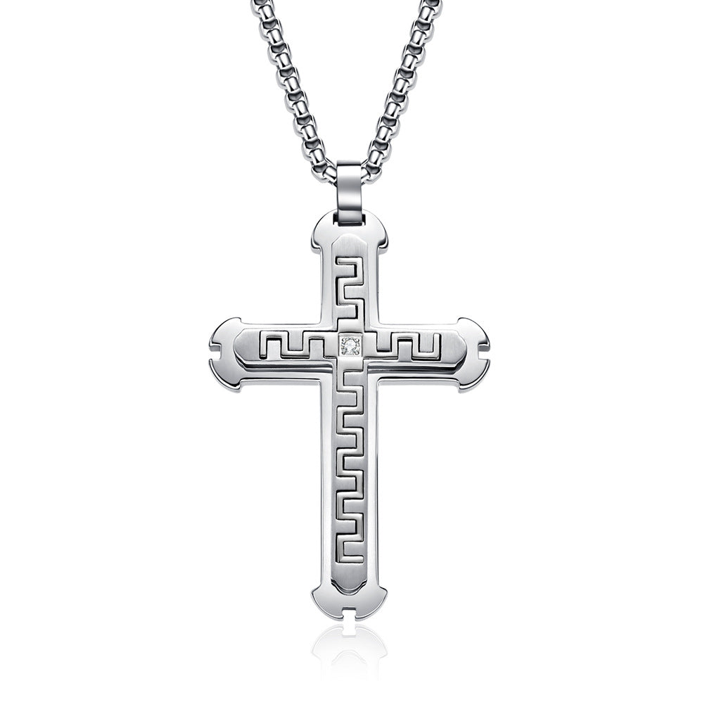 New men's Great Wall pattern design three-layer cross pendant simple titanium steel necklace