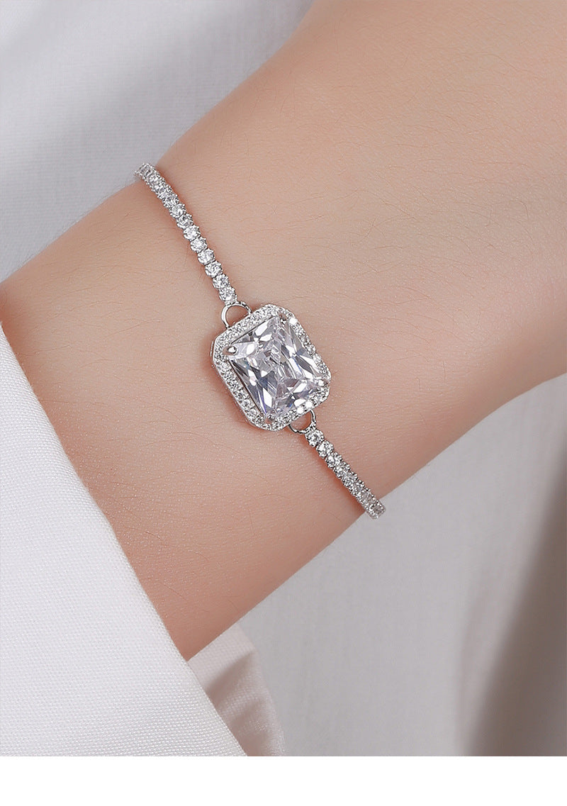 S925 Sterling Silver Bracelet Large Square Zircon Bracelet Silver Chain Jewelry