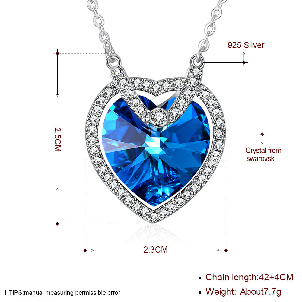 Creative Austrian crystal s925 silver necklace with a high-end and fashionable heart shaped elegant silver collarbone chain pendant