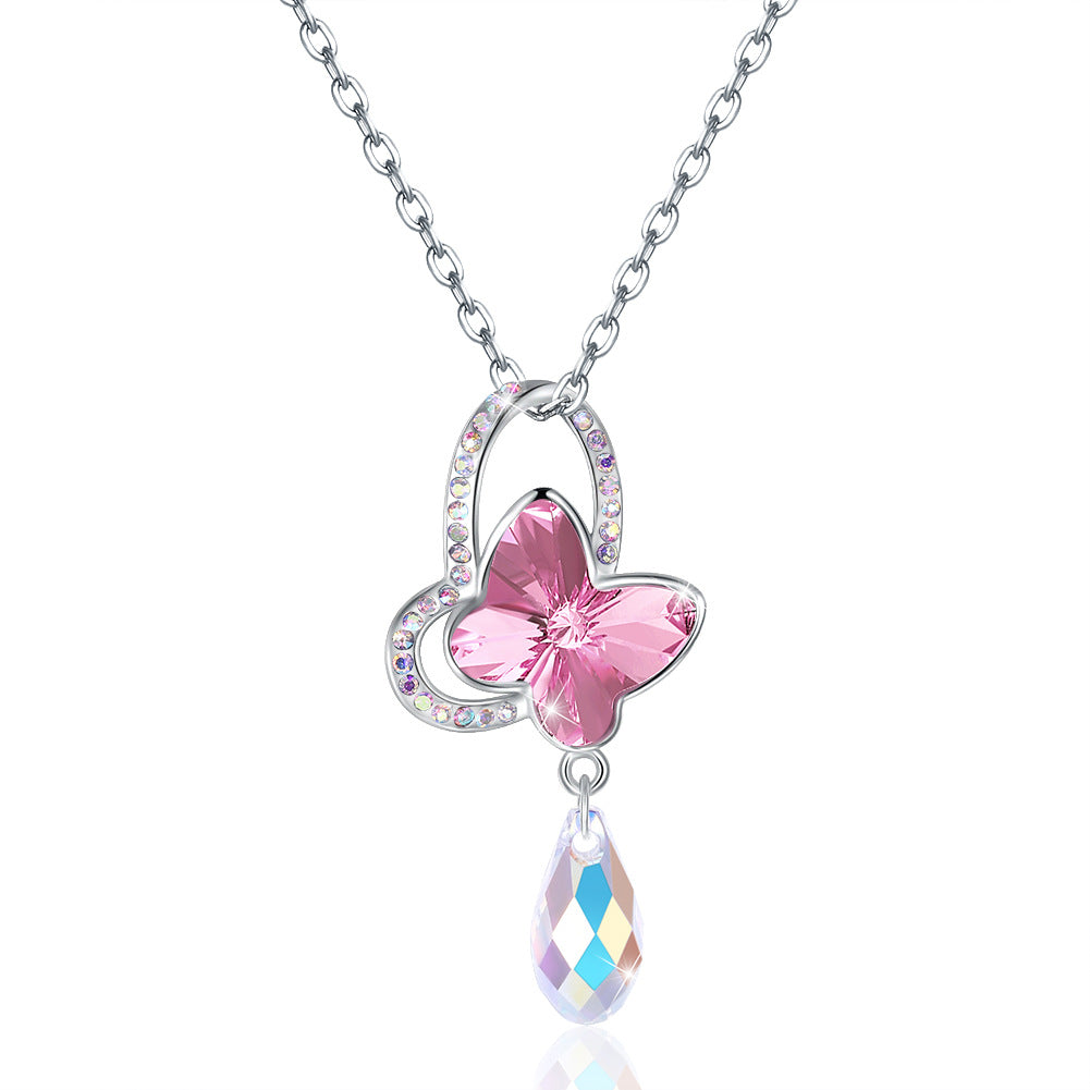 Austrian crystal necklace 925 sterling silver butterfly droplet clavicle chain pendant