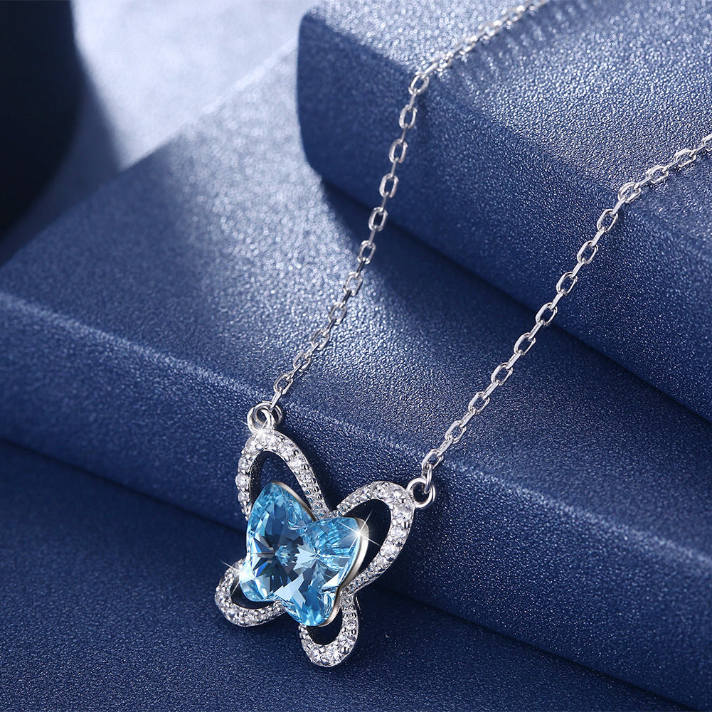 Austrian Crystal Necklace 925 Sterling Silver Butterfly-shaped clavicle chain pendant