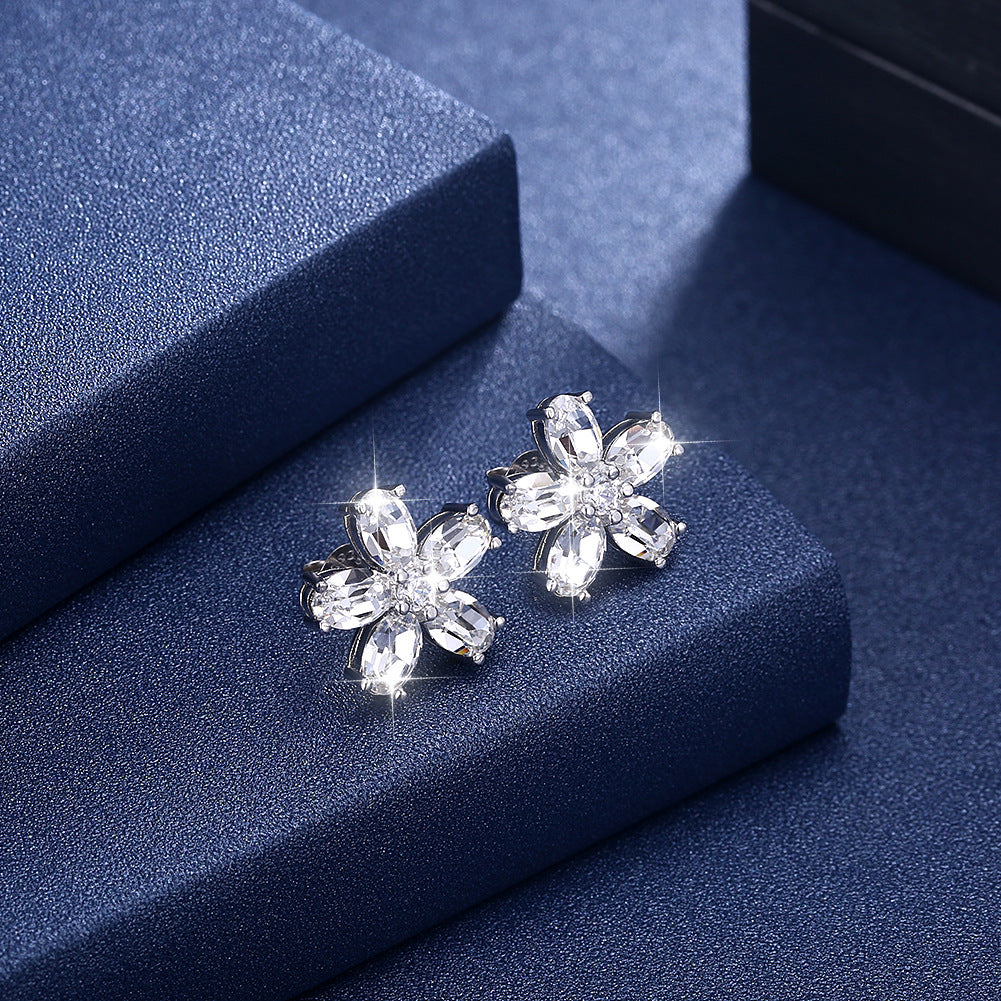 Austrian crystal earrings luxury 925 sterling silver petal earrings flower studs