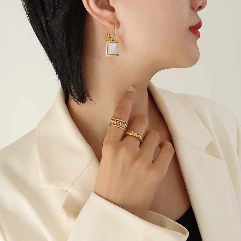 white square shell inlaid earrings female C-shaped titanium steel earrings hoops