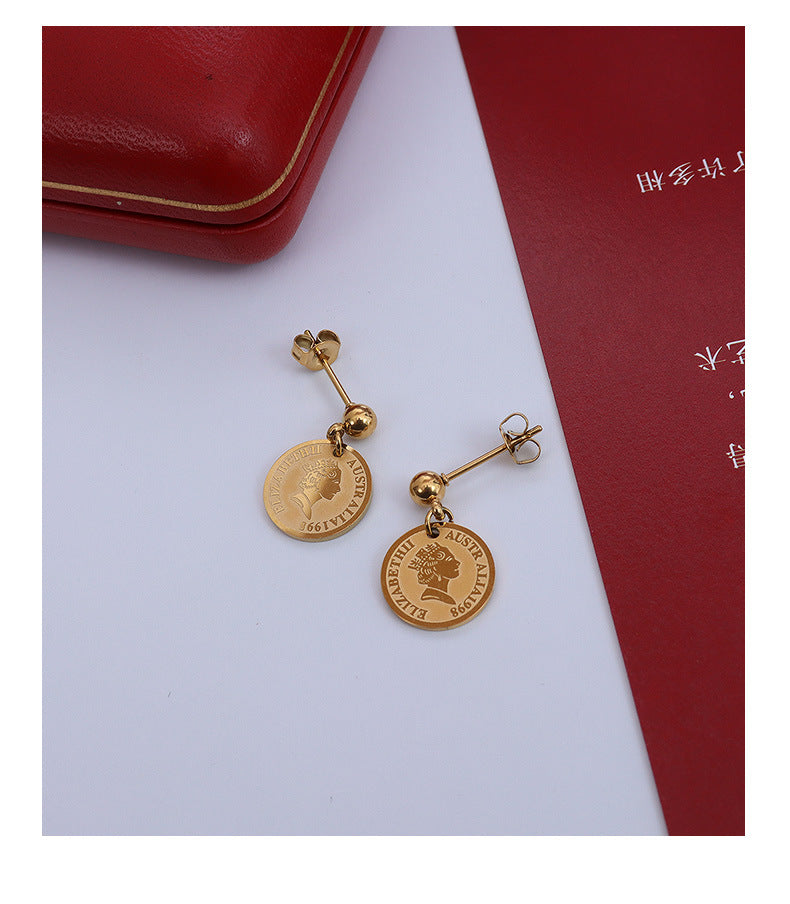 gold coin earrings queen elizabeth head portrait titanium steel 18k gold earrings