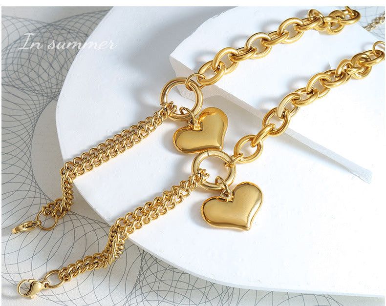 Cuban chain splicing chain love heart bracelet titanium steel plated 18K gold fadeless