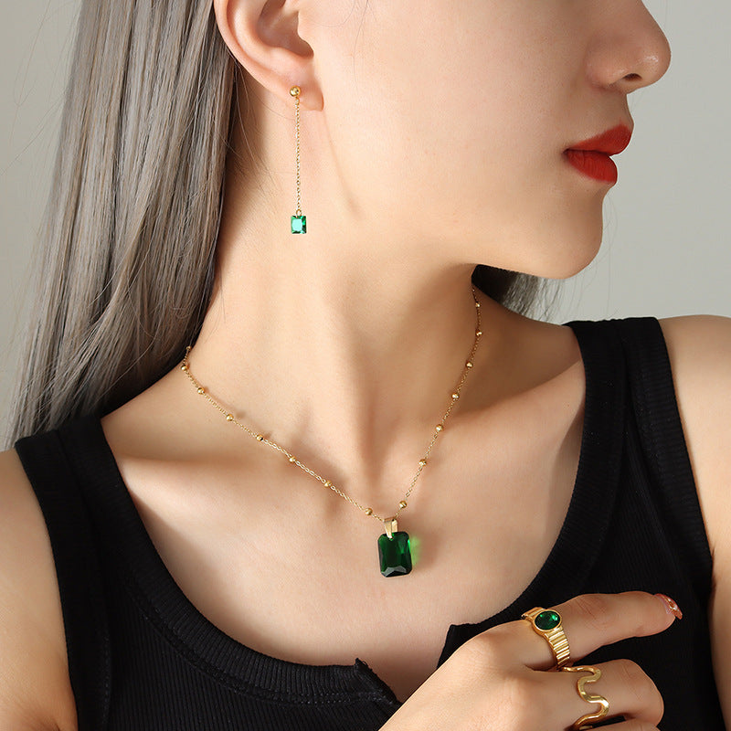 Trend peacock baguette emerald zircon pendant necklace earring jewelry set golden fadeless jewelry