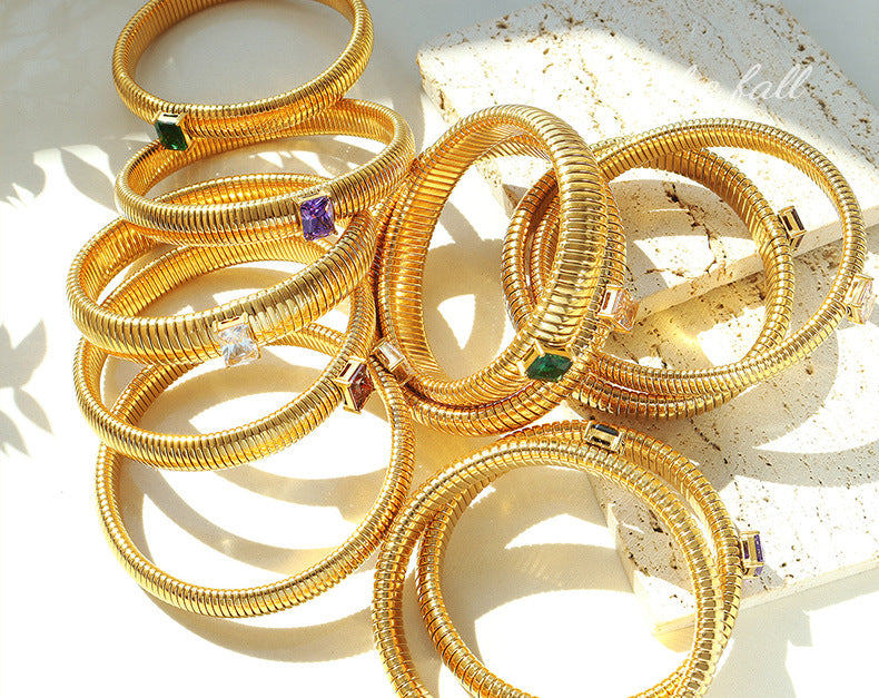 Gold-plated baguette zircon inlaid, stretch bracelet, fashionable bangles