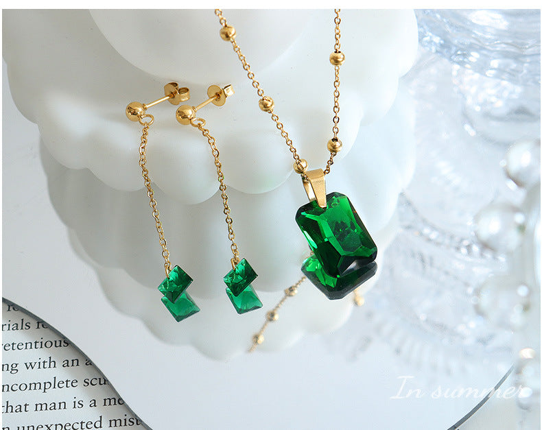 Trend peacock baguette emerald zircon pendant necklace earring jewelry set golden fadeless jewelry