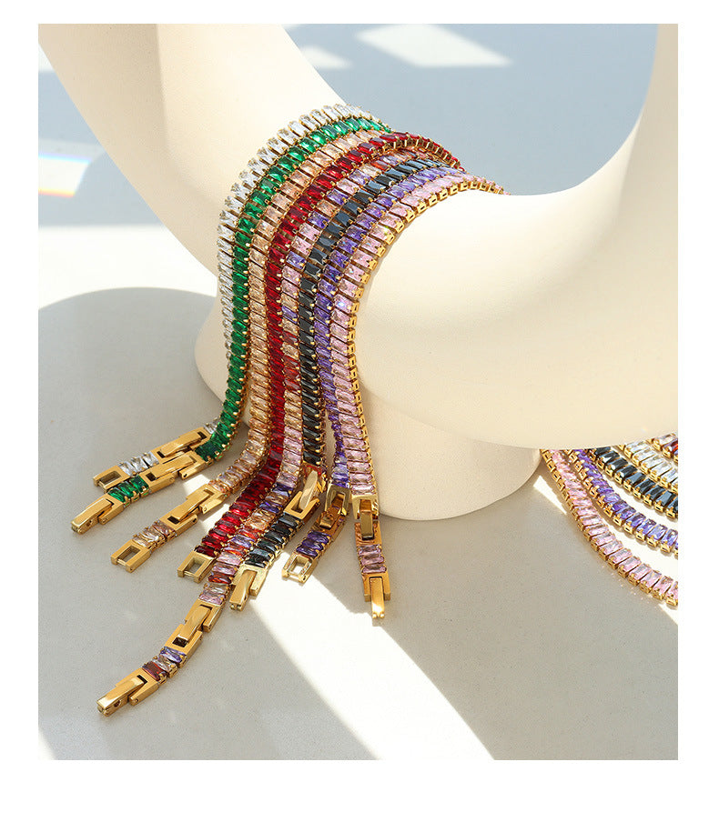 luxury personality fashion colorful baguette zirconia inlaid necklace and bracelet jewelry set