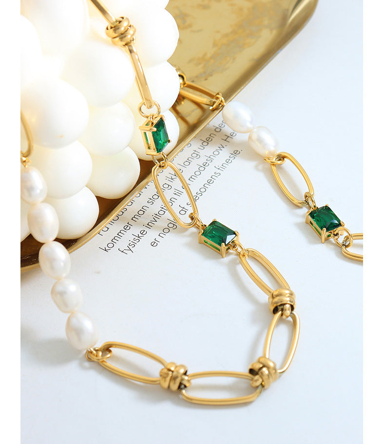 vintage style, emerald zircon, freshwater pearl elegant necklace bracelet jewelry set