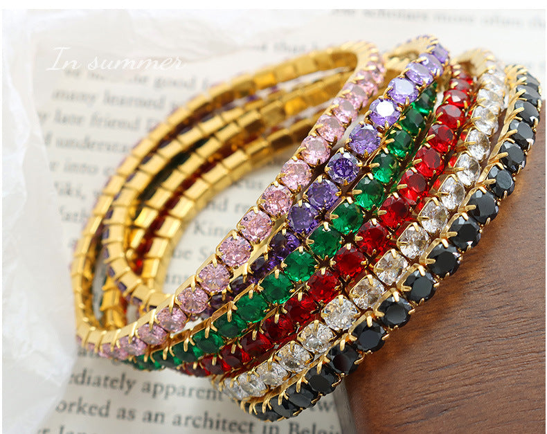 stainless steel multicolor zircon elastic bracelet plated with 18K gold luxury jewelry.