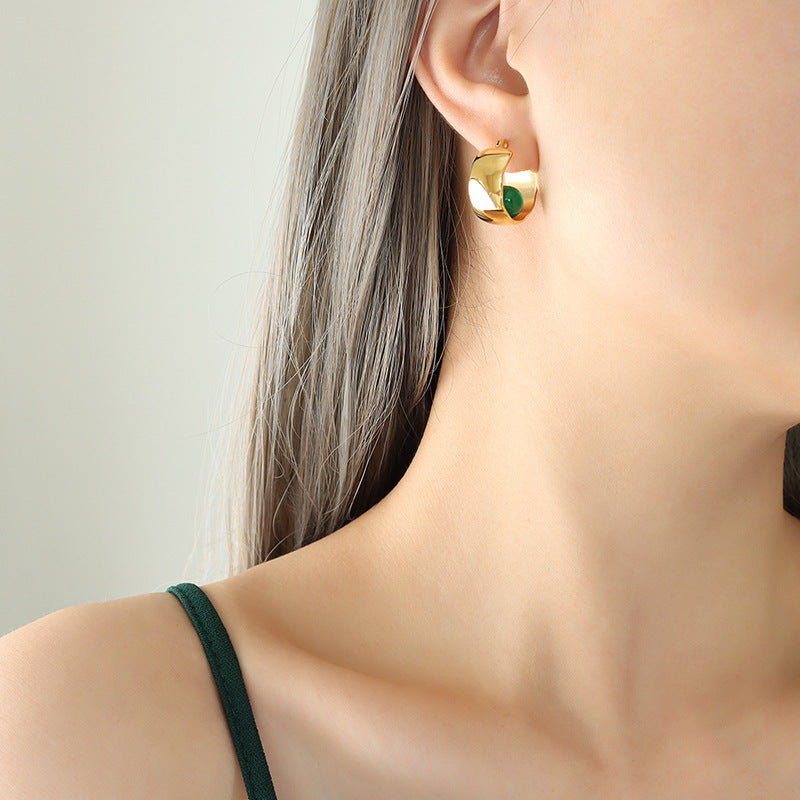 luxury emerald earrings titanium steel gold-plated women's fashion earring hoops