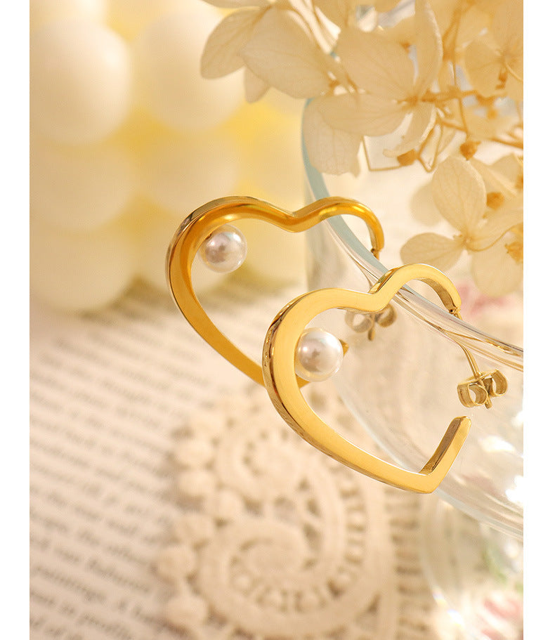 heart hoops earrings women's titanium steel 18K gold pearl stud earrings