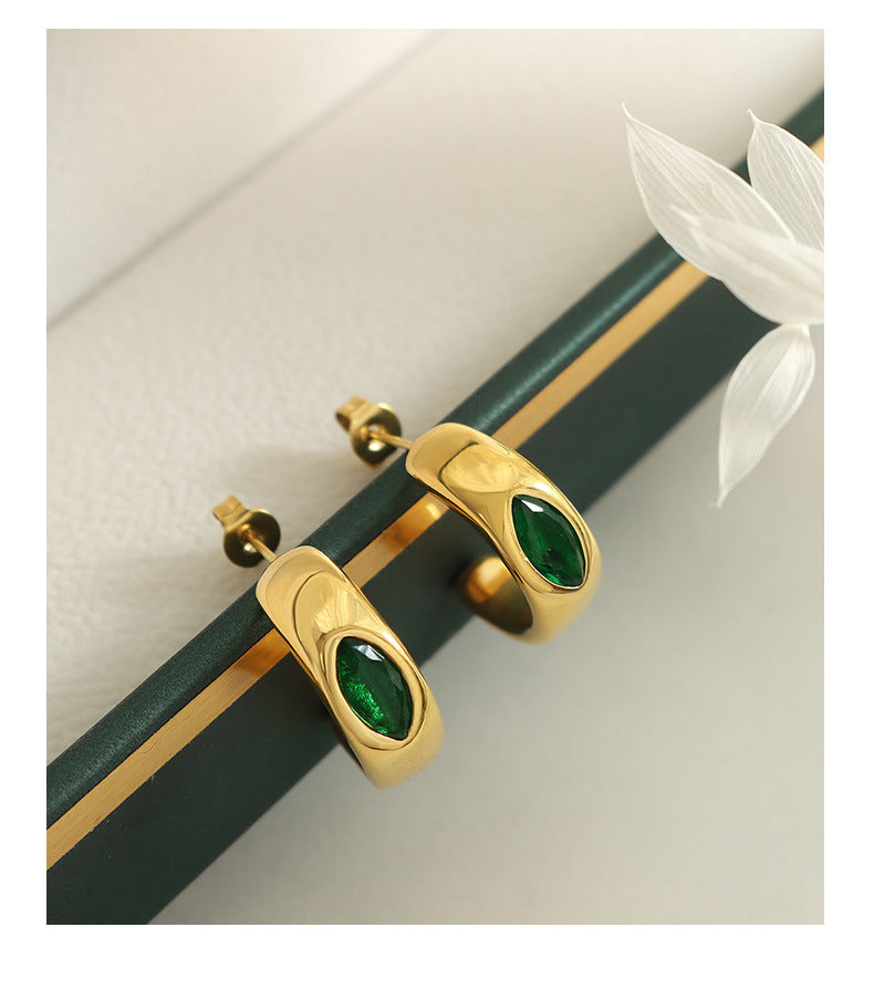 C-shaped earrings hoops inlaid with emerald zircon titanium steel 18K golden plated fashion jewelry