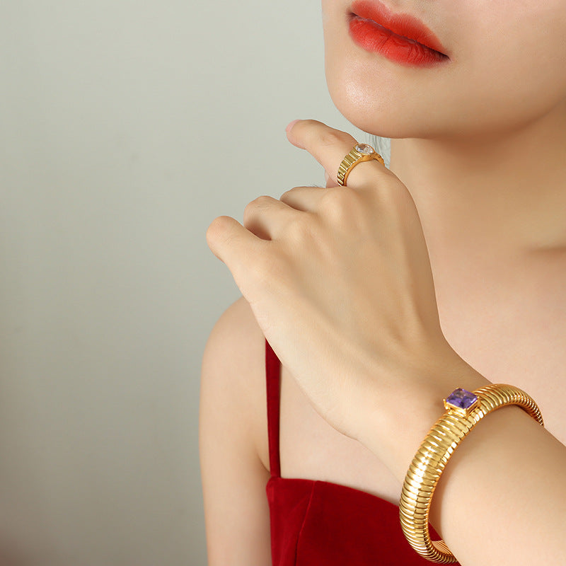 Gold-plated baguette zircon inlaid, stretch bracelet, fashionable bangles