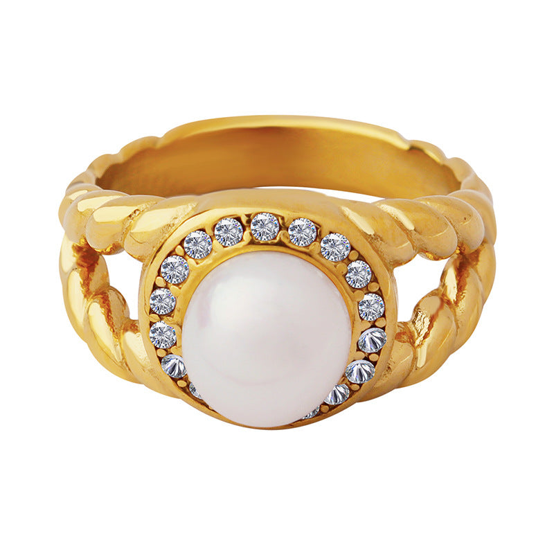 Retro high-quality zircon and freshwater pearl inlaid ring female titanium steel gold-plated ring wholesale