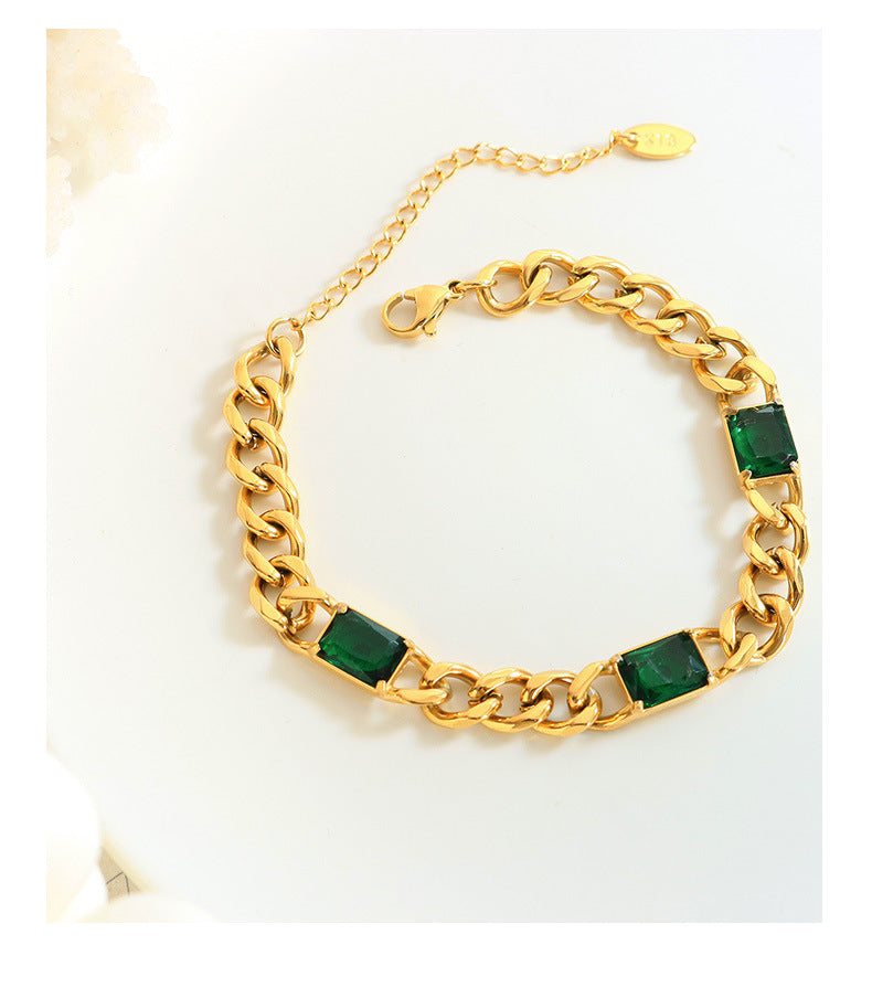 Cuba thick chain inlaid with green baquette zirconia stone pendant necklace bracelet jewelry set non-fading wholesale