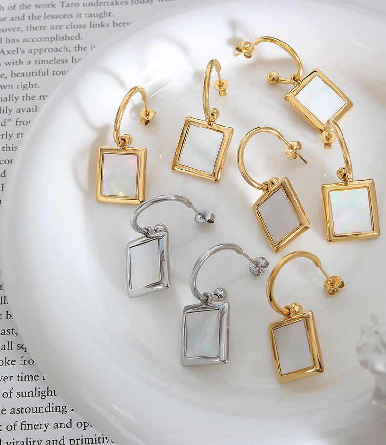 white square shell inlaid earrings female C-shaped titanium steel earrings hoops