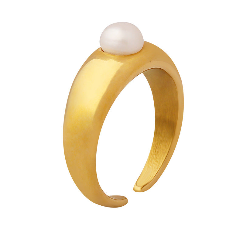 Fresh water pearl ring trendy female open simple stainless-steel ring fadeless golden color