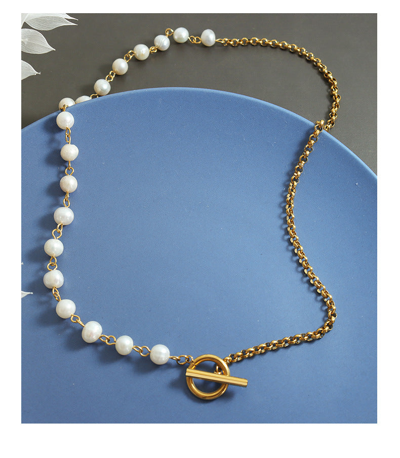 Fashion freshwater pearl OT clasp bracelet necklace jewelry set stainless steel golden color