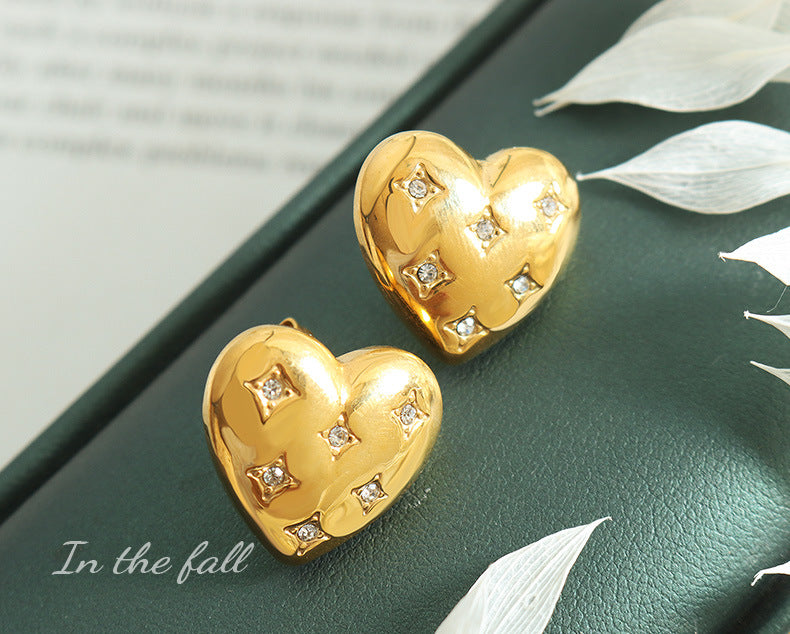 heart studs inlaid with zircon waterproof earrings jewelry