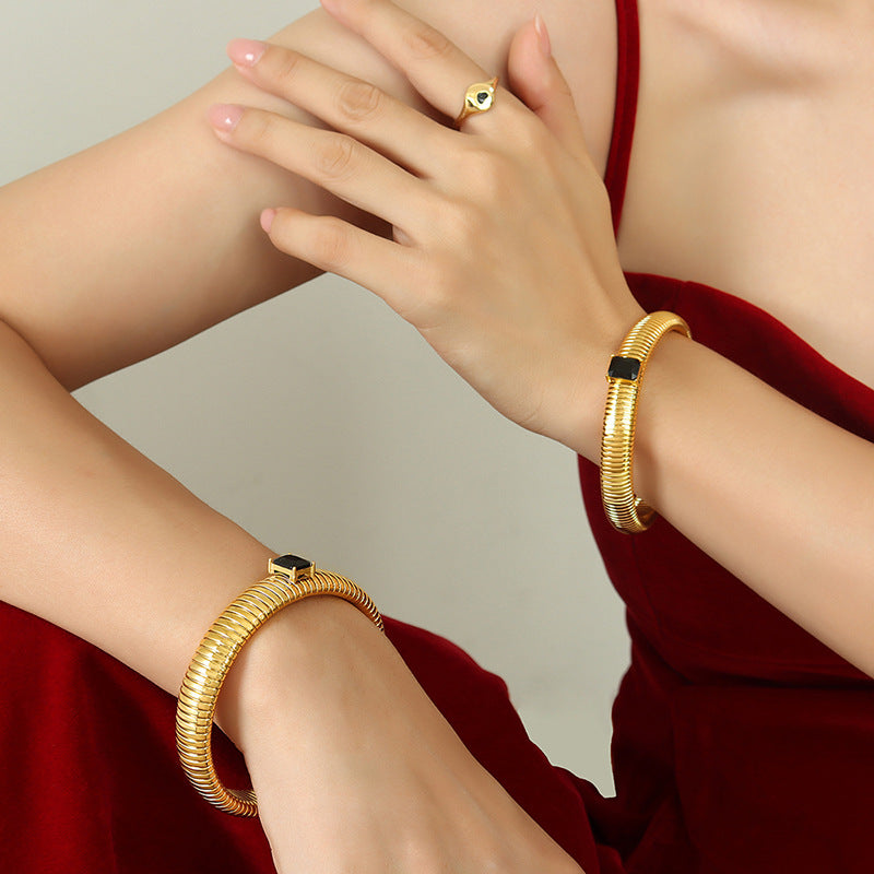 Gold-plated baguette zircon inlaid, stretch bracelet, fashionable bangles