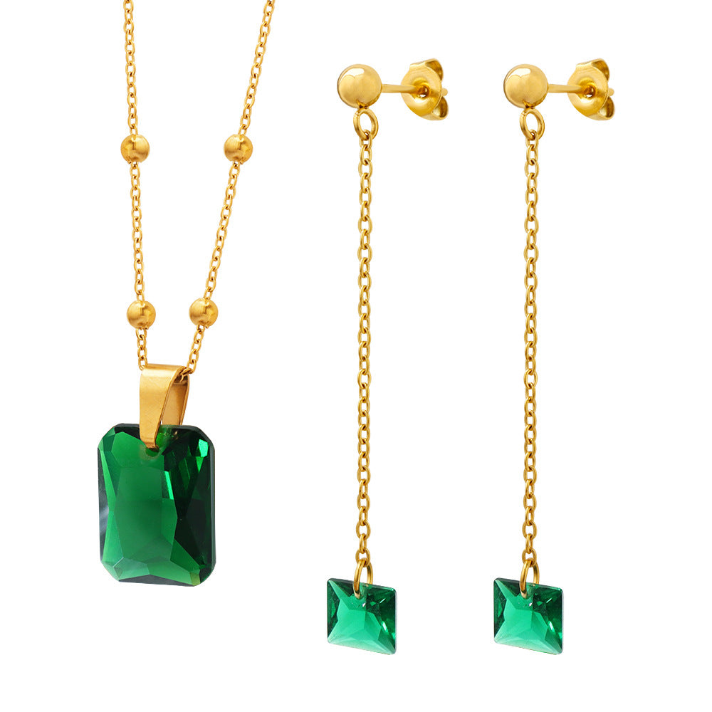 Trend peacock baguette emerald zircon pendant necklace earring jewelry set golden fadeless jewelry