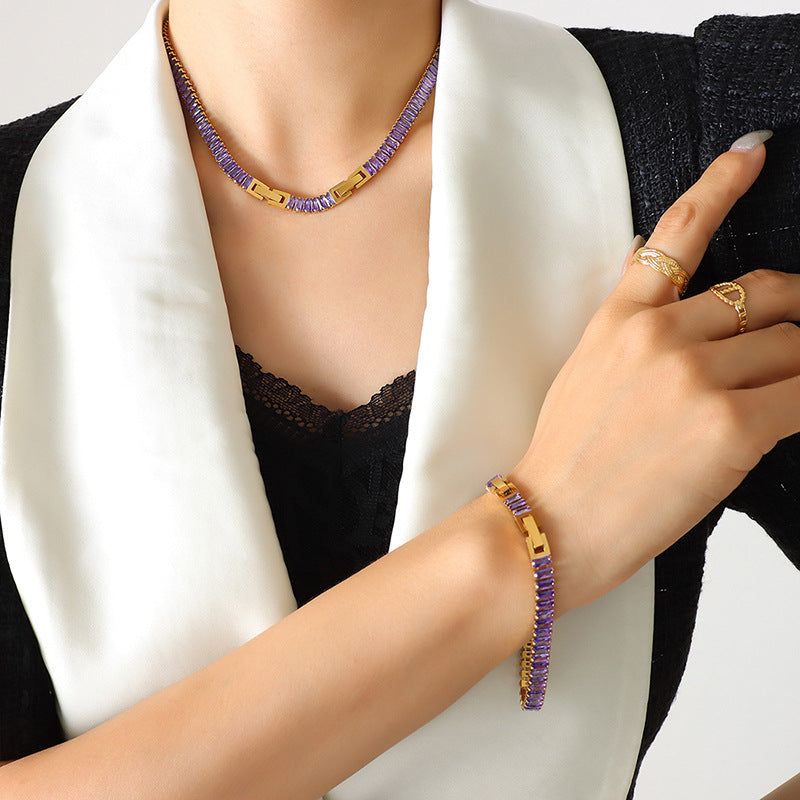 luxury personality fashion colorful baguette zirconia inlaid necklace and bracelet jewelry set