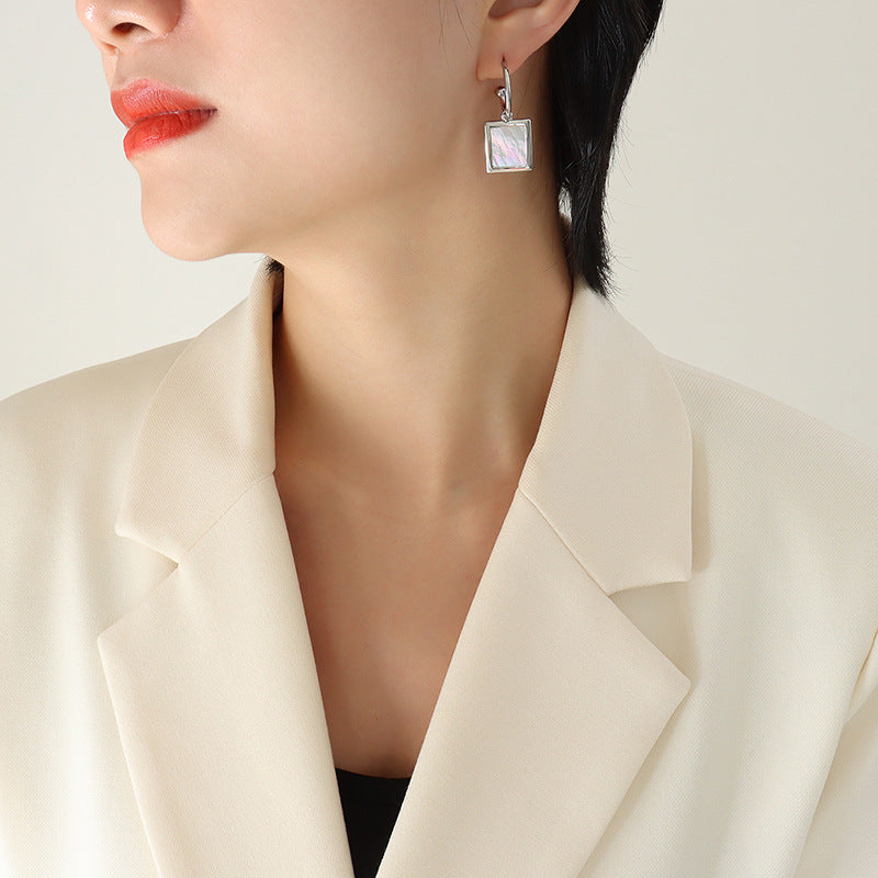 white square shell inlaid earrings female C-shaped titanium steel earrings hoops