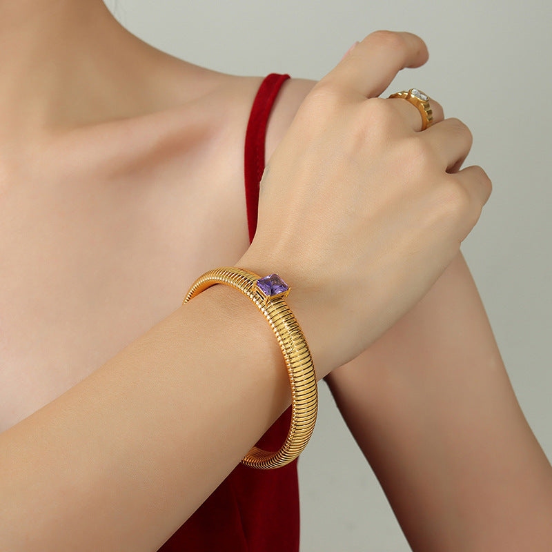 Gold-plated baguette zircon inlaid, stretch bracelet, fashionable bangles