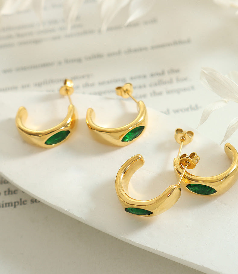 C-shaped earrings hoops inlaid with emerald zircon titanium steel 18K golden plated fashion jewelry