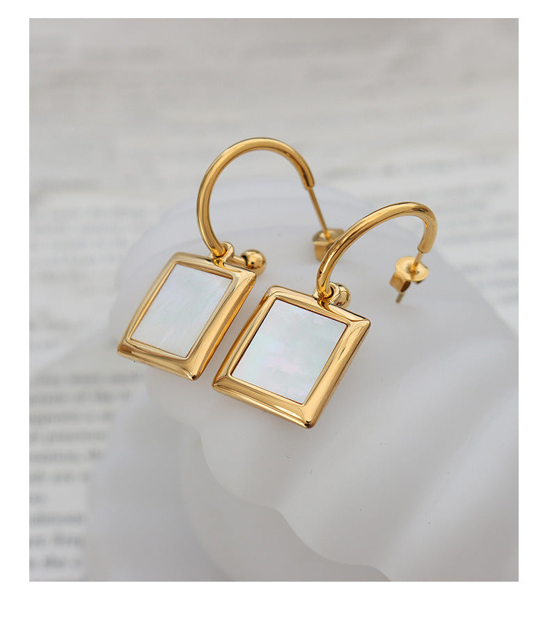 white square shell inlaid earrings female C-shaped titanium steel earrings hoops