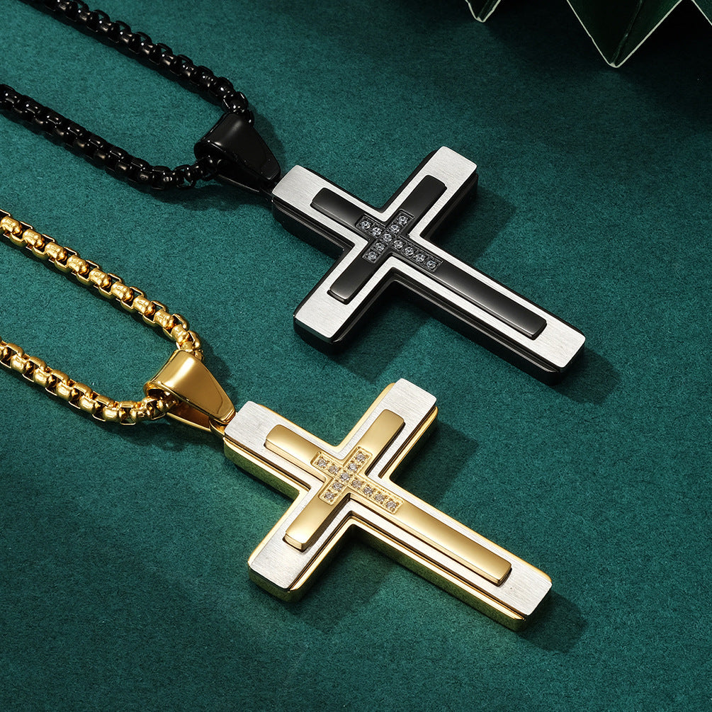 New Triple Layer Combination Stone Cross Men's Pendant Personalized Stainless-Steel Necklace