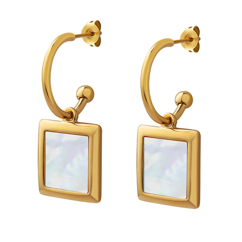 white square shell inlaid earrings female C-shaped titanium steel earrings hoops