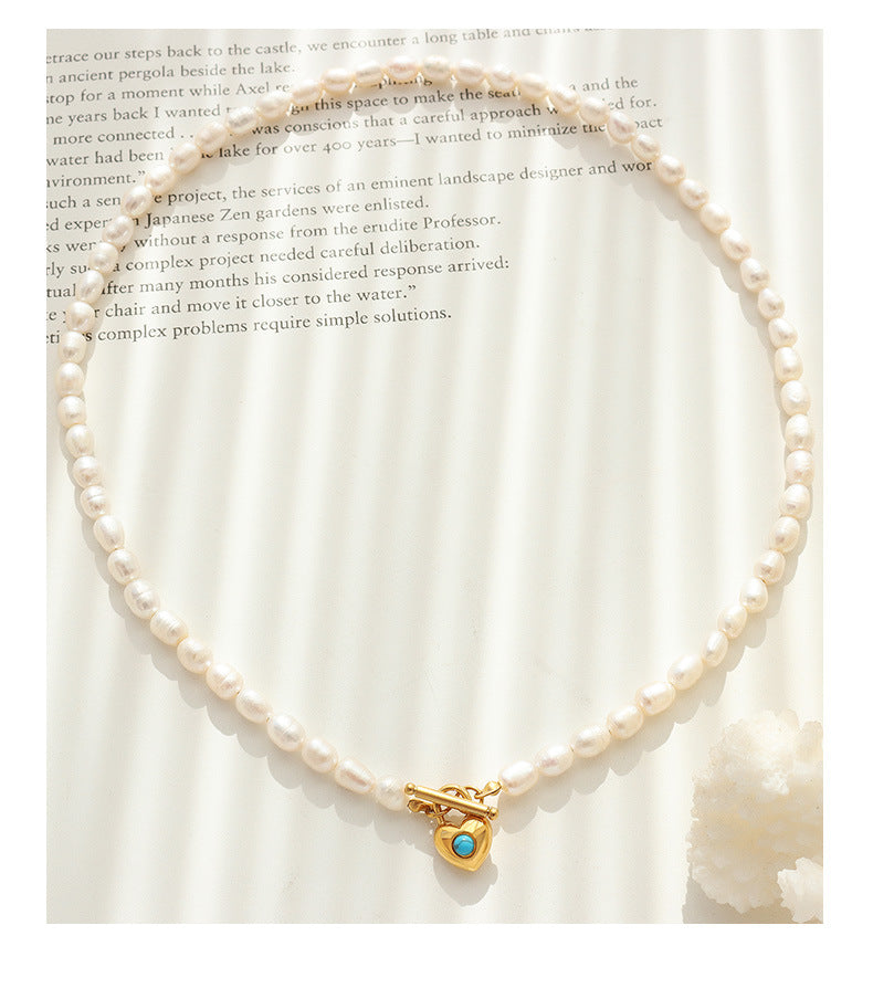 freshwater pearls connect heart-shaped inlaid blue turquoise OT buckle pendant necklace jewelry