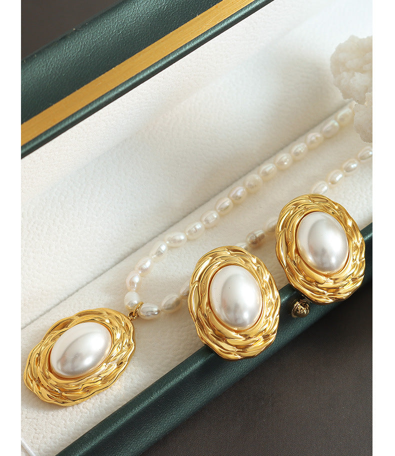 retro high grade pearl chain gold plated embossed round inlaid pearl necklace earring jewelry set