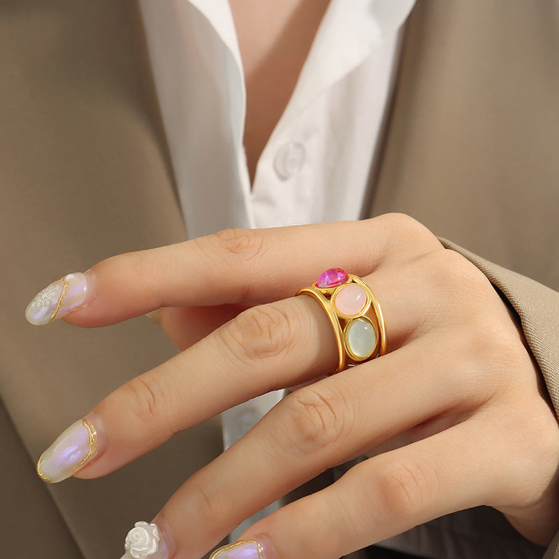 Ring with rainbow glass stone, luxury trendy ring gold color