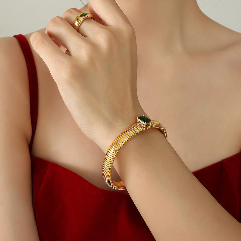 Gold-plated baguette zircon inlaid, stretch bracelet, fashionable bangles