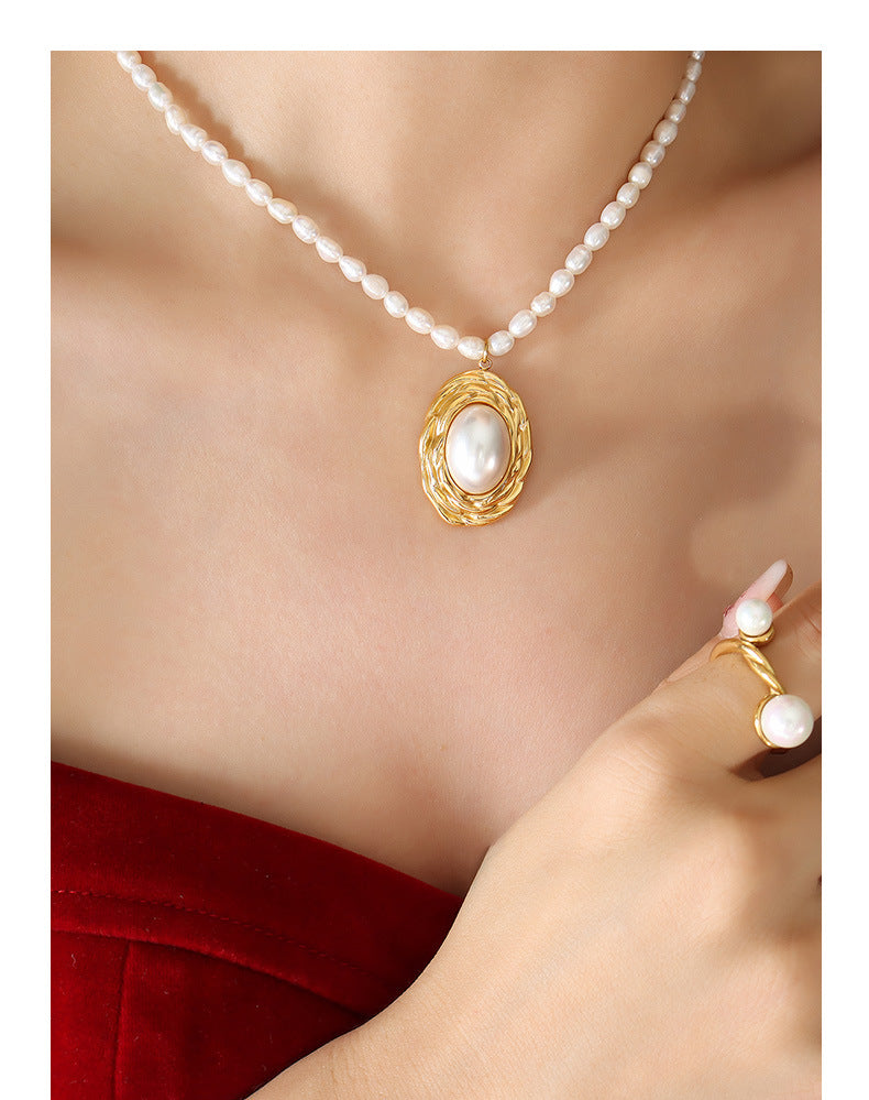 retro high grade pearl chain gold plated embossed round inlaid pearl necklace earring jewelry set