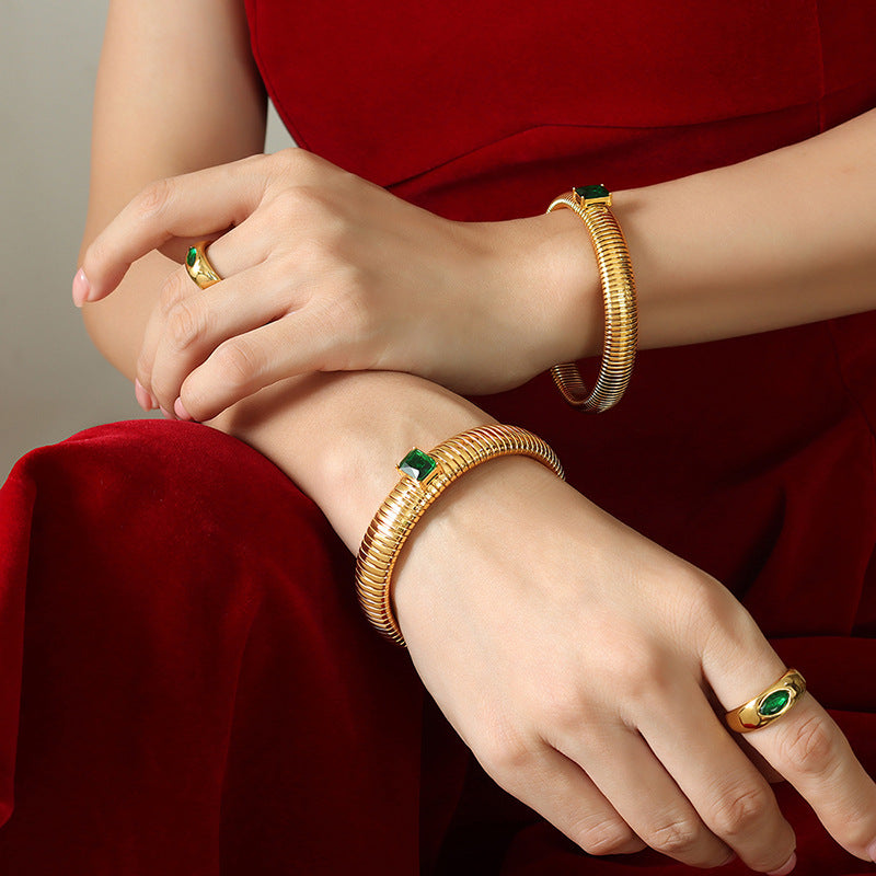 Gold-plated baguette zircon inlaid, stretch bracelet, fashionable bangles