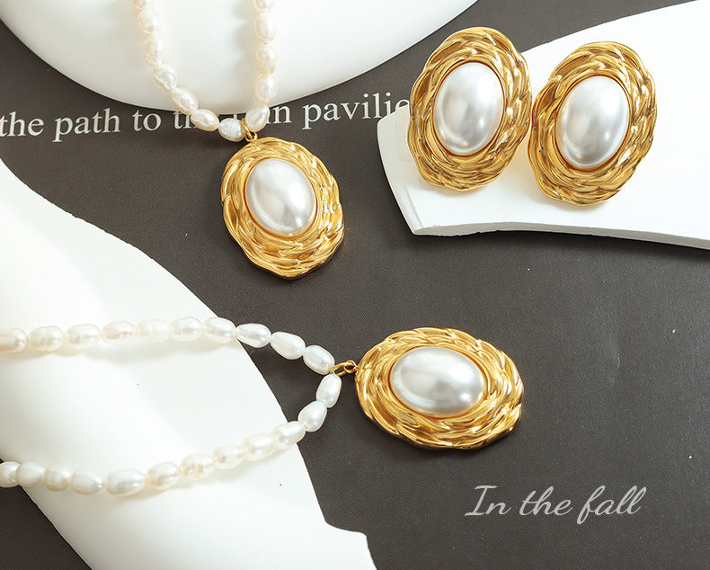 retro high grade pearl chain gold plated embossed round inlaid pearl necklace earring jewelry set