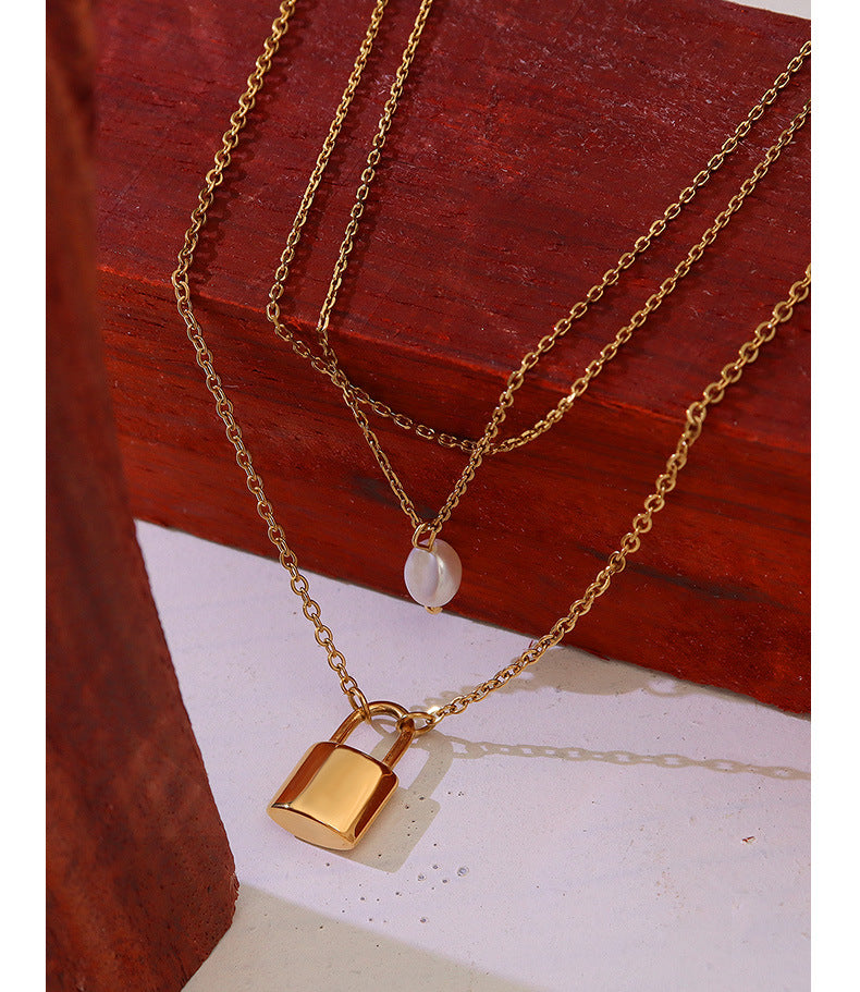 pearl cross chain stainless steel lock pendant three layers necklace gold plated jewelry