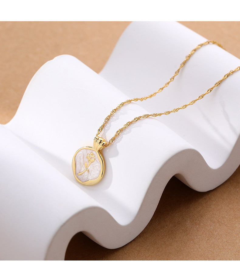 Luxury Retro Drop Glazed Rose Flower Shell Pendant Female  High quality Best gift