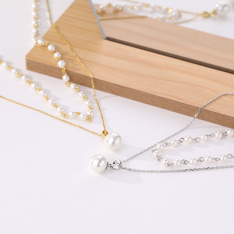 Fresh pearl beads elegant double layer necklace golden chain