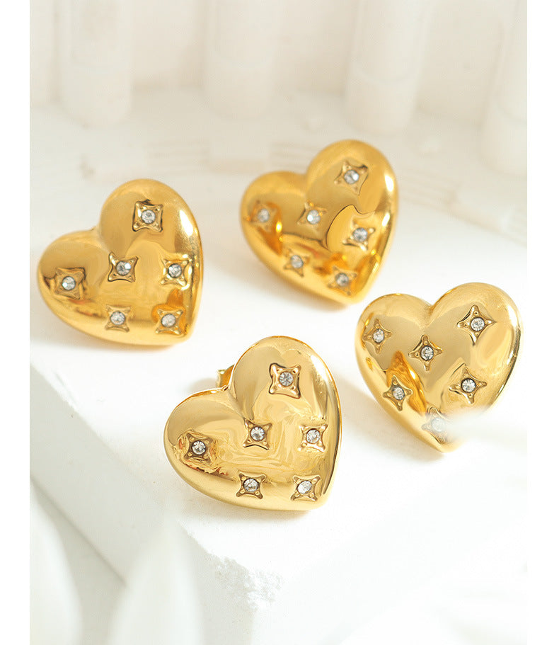 heart studs inlaid with zircon waterproof earrings jewelry