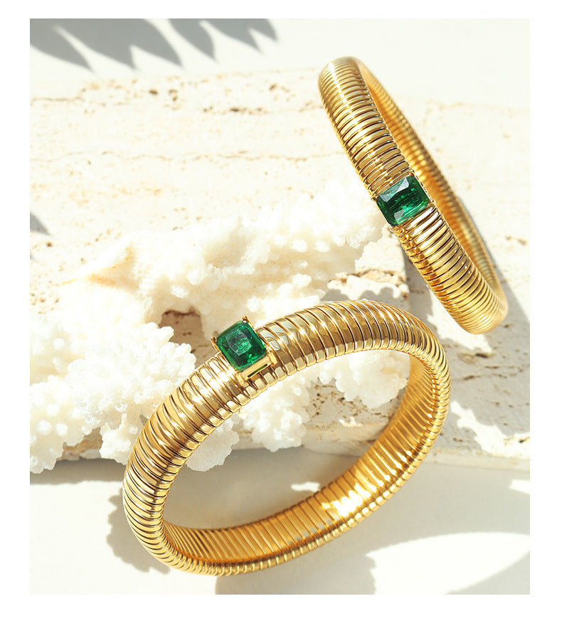 Gold-plated baguette zircon inlaid, stretch bracelet, fashionable bangles