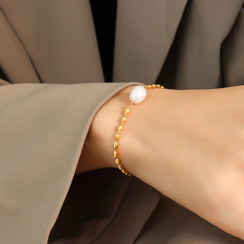 gold plated chain bracelet with freshwater pearls never faded color girlfriends jewelry